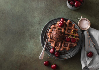 Homemade chocolate waffles with berries and chocolate ice cream. Delicious dessert or breakfast.