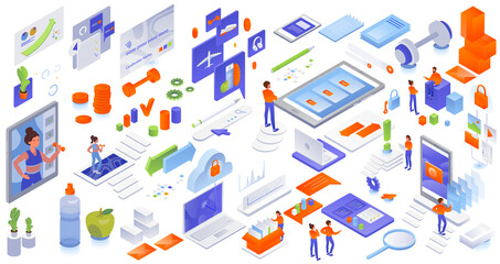 Online store, fitness ecommerce, cloud computing and data synchronization services, vector isometric icon set.