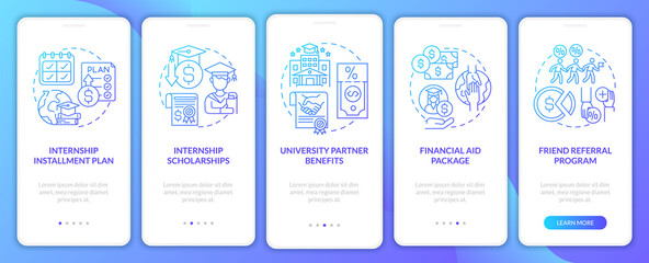 Traineeship program financing onboarding mobile app page screen. University partner walkthrough 5 steps graphic instructions with concepts. UI, UX, GUI vector template with linear color illustrations