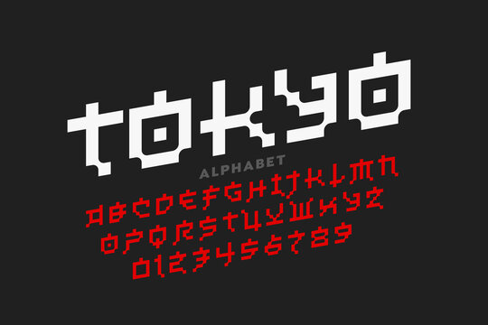 Pixel Japanese style Latin font design, alphabet letters and numbers vector illustration