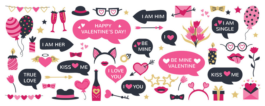 Cute Valentine Day photo booth props as set of party graphic elements of hearts, hats, mustaches, lips, costume as mask etc. Vector illustration. Vector illustration