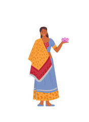 Indian Woman In Traditional Dress Holding Lotus Flower. Vector Illusatrtion. Isolated On White.