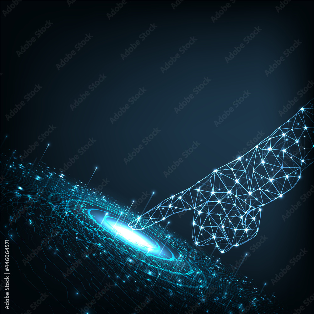 Aufkleber hand design technologies of the future.polygonal hand mesh image on dark blue background.futuristic 