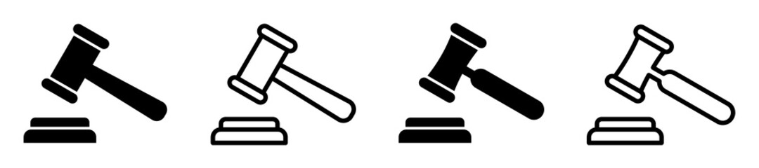 Set of gavel icons, legal gavel. Auction hammer symbols. Judge, hammer. Vector illustration. - obrazy, fototapety, plakaty