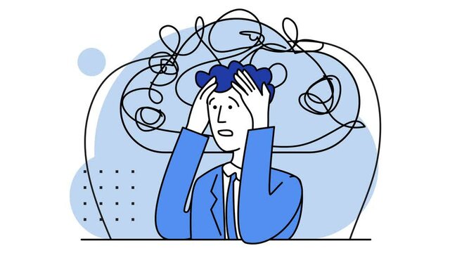 Man with a nervous problem feel anxiety and confusion of thoughts. Mental disorder, chaos in consciousness. Frustrated guy with anxiety touch head surrounded by think. Looped video. Blue 2d animation.