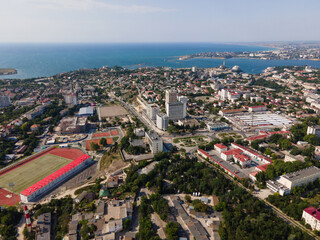 Panorama of the evening city. Bird's eye view of the bay. city ​​port on the Black Sea.