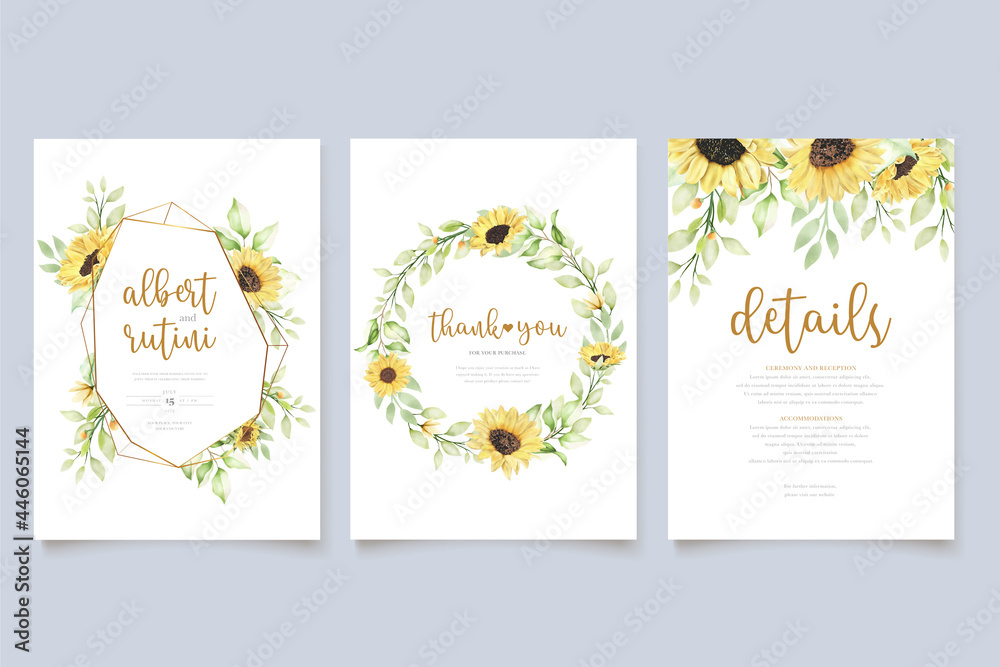 Wall mural beautiful hand drawn watercolor sunflower invitation card set