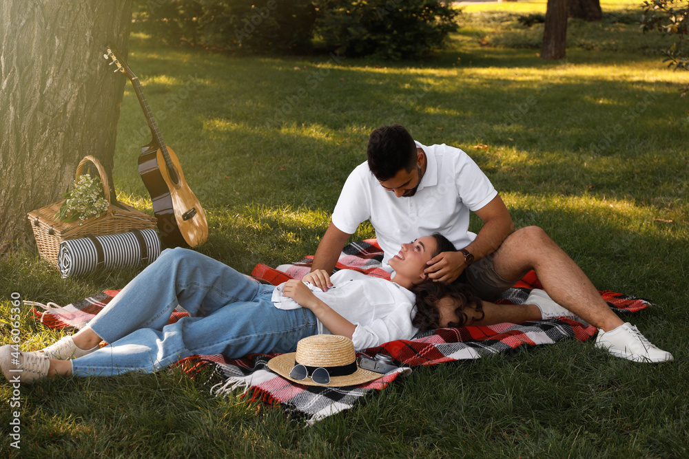 Poster Lovely couple with guitar and picnic basket on plaid in summer park