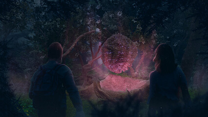 3d illustration of a couple stumbling across a glowing alien artifact in the woods - digital fantasy painting
