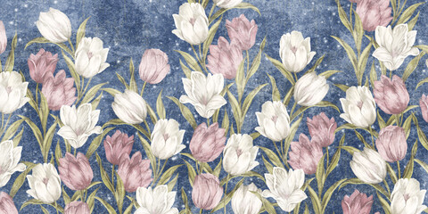colored very bright painted tulips, wall murals in the room interior of a house or apartment - obrazy, fototapety, plakaty