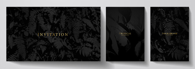 Exotic black banner, cover design set. Floral background with tropical pattern of leaf (rainforest, jungle). Premium horizontal and vertical vector template for gift card, invitation, menu, voucher