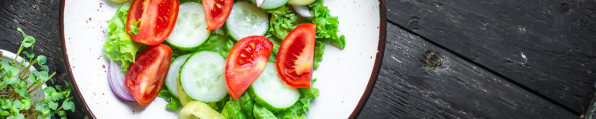 salad vegetable tomato, cucumber, pepper, onion, lettuce meal snack copy space food background rustic. top view