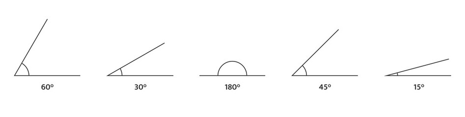 Angle icons set. Math geometric design element. 180 60, 45 30, 15 degree measure. Triangle sign. Technical architect blank. Trigonometry templates. Vector illustration - obrazy, fototapety, plakaty