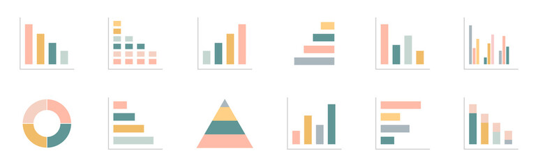 Graph chart color icons set. Annual report presentation. Business data statistic. Financial bar sign. Pie chart diagram. Finance progress plan. Web interface. Infographic template. Vector illustration