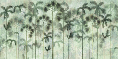 tall tropical trees in the interior of any room, wall mural painted art - obrazy, fototapety, plakaty