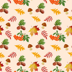 autumn seamless pattern.  Maple, acorn, rowan, mushroom, leaves, autumn leaves. Vector