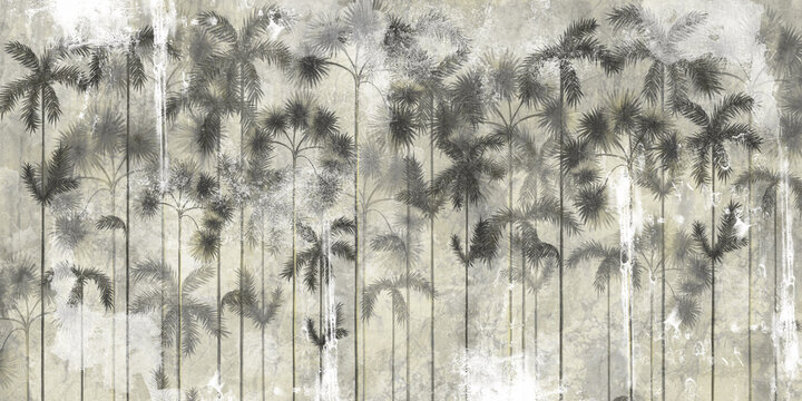 tropical tall trees on a textured background imitation of the surface of the wall, photo wallpaper in the interior of the room © Виктория Лысенко