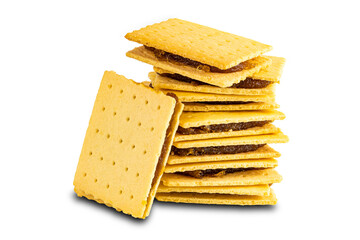 Side view stack of homemade cheese shake biscuit filled with pineapple jam on white background.