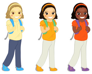 Full-body illustration of a cute girl carrying a backpack