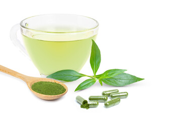 Andrographis paniculata leaf (Kariyat) and cup of green tea  with herbal capsule 