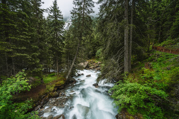 Fototapeta na wymiar Mountain blue water river and trees landscape natural environment. Hiking in the alps. Grawa Waterfall in Stubai Valley, Tyrol, Austria