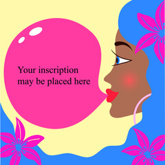 A girl with long blue hair, inflates a chewing gum. Vector Illustration.Background. It may be used in the design of a book cover, of a poster, flyer, screensaver, design of a CD cover , website backgr
