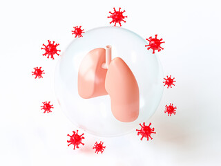 Human lungs protected by shield from virus attack, corona-virus pandemic theme, 3d illustration inspired by flat design