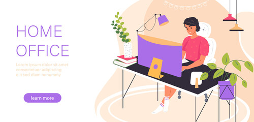 Woman working at home office. Cute young woman sitting on comfy chair with laptop computer in cozy room and talking with colleagues online. Home office concept. Flat isometric vector illustration.
