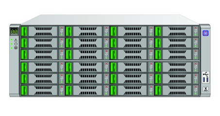 4u server, disk storage system shelf containing 24 3.5-inch 7.2K SAS hard drives. Interface connectors and information display. Vector illustration.