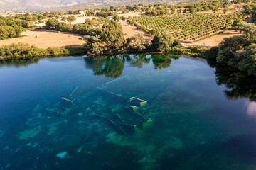 Lake Capodacqua, aerial view, reflections, clarity, water transparency, flight, ancient remains, underwater, fly, landscape, drone, image, photo