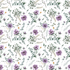 Digital floral seamless pattern. Purple anemones and green leaves on the white background. Endless background with beautiful gentle flowers. Ideal for wrapping paper, wedding invitations, scrapbooking