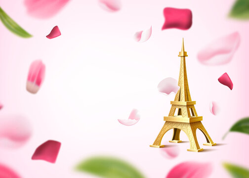 Golden Eiffel Tower Background Rose Flower Petals Leaves Landmark