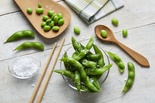 High angle view of edamame on the table. Healthy food. Take a healthy break!