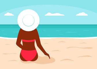 Fototapeta na wymiar Black woman in red swimsuit sits on beach and looks at sea, back view. Silhouette of african girl in bikini. Summer vacation and beach concept. Vector illustration