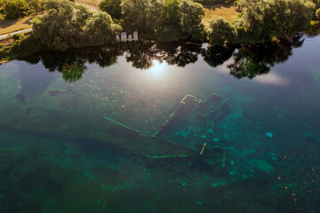 Lake Capodacqua, aerial view, reflections, clarity, water transparency, flight, ancient remains, underwater, fly, landscape, drone, image, photo