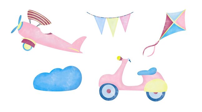 Watercolor aquarelle set for kids children. Scooter kite airplane and flags in the clouds on white background hand drawn digital illustration
