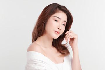 Fototapeta premium Beautiful young asian woman with clean fresh skin on white background, Face care, Facial treatment, Cosmetology, beauty and spa, Asian women portrait.
