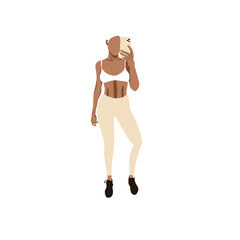 Fit woman in gym athletic clothing. Girl takes mirror selfie with a smartphone. Abstract feminine vector illustrations. Summer trendy simple icons. Instagram post, business advertisement, design - 446073914