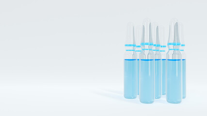 Medical ampoules with blue liquid on white background with shallow dof. Hyaluronic acid vial for skin care. Cosmetics injection 3d render illustration