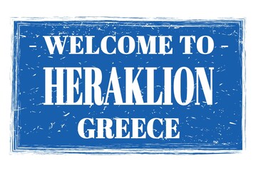 WELCOME TO HERAKLION - GREECE, words written on greek blue stamp