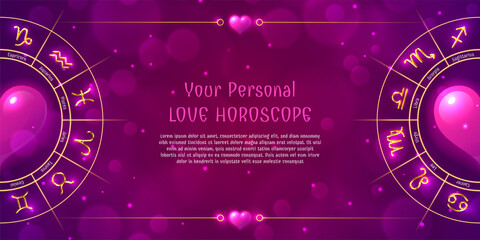 Template of personal love horoscope in pink color. Astrology prediction horizontal banner, card with glowing astrological symbols on dark pink background vector illustration