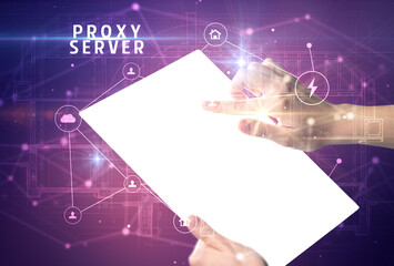 Holding futuristic tablet, security concept