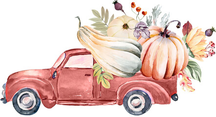 watercolor harvest truck, fall pumpkin harvest clipart. Thanksgiving pumpkin illustration, Harvest festival invitation, farmhouse clipart