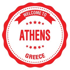 WELCOME TO ATHENS - GREECE, words written on red stamp