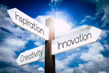 Inspiration, innovation, creativity concept - signpost with three arrows