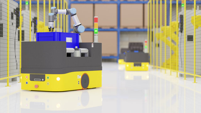 Factory 4.0 concept: The AGV (Automated guided vehicle) with universal robot is carrying parts in smart factory. 3D illustration