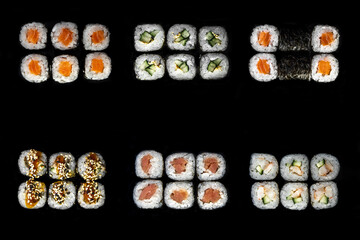 japanese roll set. a set of rolls and sushi on a black background