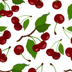 Seamless Pattern of Cherry, Fruit Berry Pattern, Wild Sweet Bird Cherry , Vector Illustration - 446076909