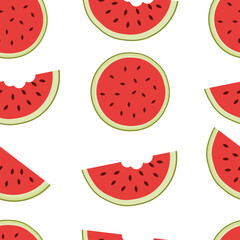watermelons, whole and bitten chunks, small and large slices evenly placed, around the pattern. Cute red watermelon slice design, seamless wallpaper, background, Color backdrop.