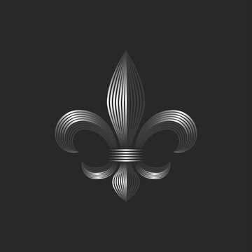 Heraldic lily decorative logo, 3d metallic gradient parallel lines, creative design fleur-de-lis linear French royalty symbol